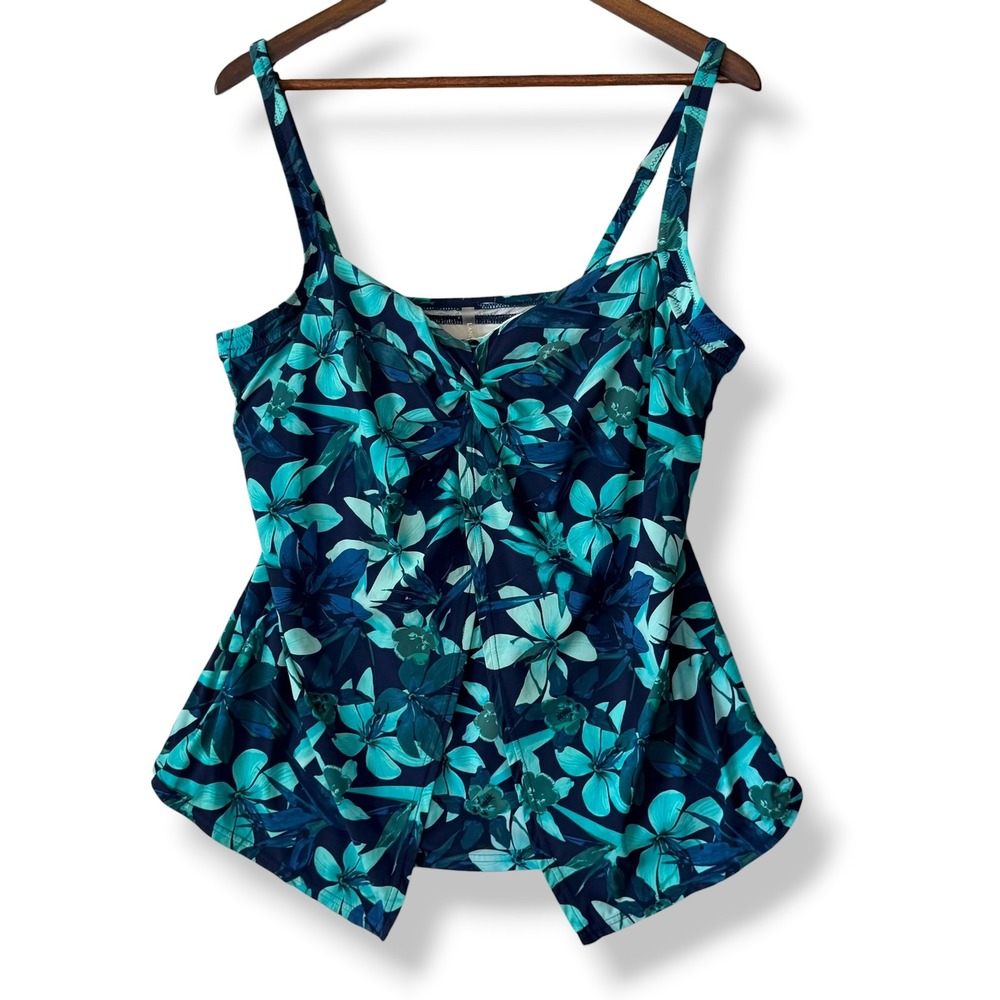 Lands' End Tankini Swim Top 16 Blue Floral Underwire Twist Front Flyaway Resort
